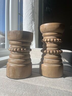 Handcrafted Wooden Beaded Candle Holders - Natural Brown (Set of 2)